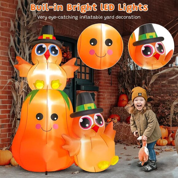 🆕5FT Christmas Inflatable Turkey Pumpkin Built-in LED Light Outdoor Decoration - Picture 5 of 8